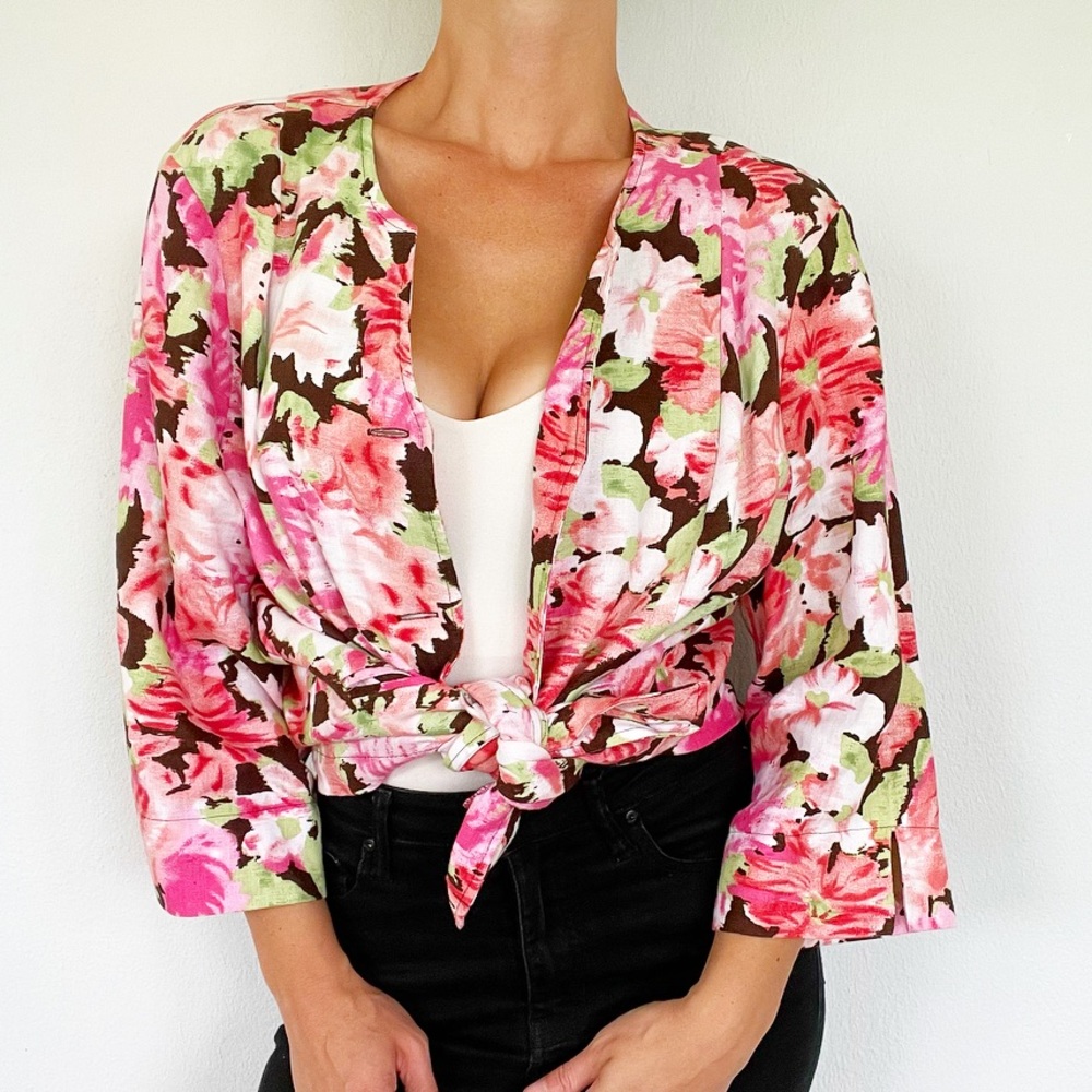 Vintage Choices plus size pink floral print linen button down blouse size 1X